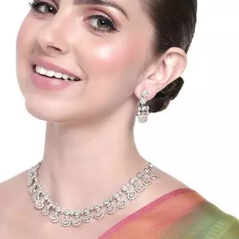 Estele Rhodium Plated CZ Shimmering Necklace Set with Mint Orange Crystals for Women