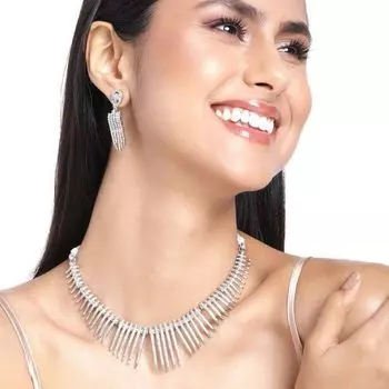 Estele Rhodium Plated CZ Shining Streaks Necklace Set for Women