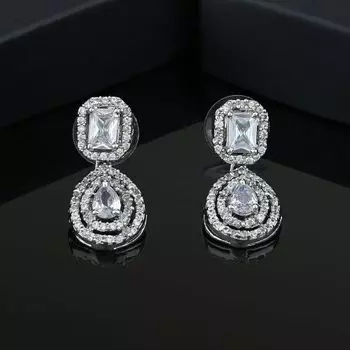 Estele Rhodium Plated CZ Sparkling Drop Earrings for Women
