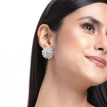 Estele Rhodium Plated CZ Sparkling Flower Designer Stud Earrings for Women