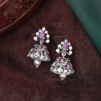 Estele Rhodium Plated CZ Sparkling Jhumki Earrings with Pearl & Pink Crystals for Women