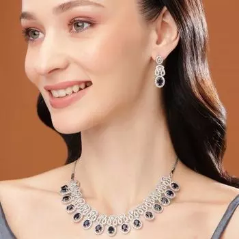 Estele Rhodium Plated CZ Sparkling Necklace Set with Blue Crystals for Women