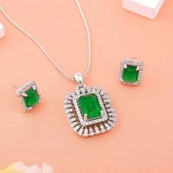Estele Rhodium Plated CZ Sparkling Square Designer Pendant Set with Emerald Stone for Women