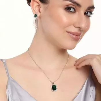 Estele Rhodium Plated CZ Square Designer Pendant Set with Emerald Stone for Women