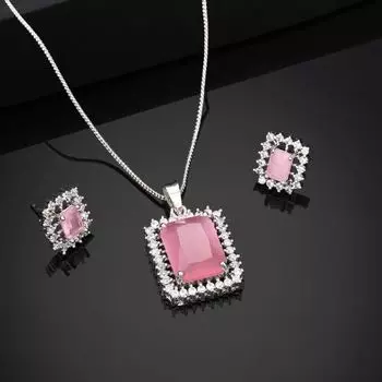 Estele Rhodium Plated CZ Square Designer Pendant Set with Mint Pink for Women