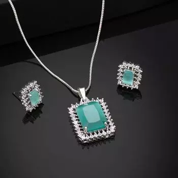 Estele Rhodium Plated CZ Square Designer Pendant set with Mint Green Stones for Women
