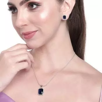 Estele Rhodium Plated CZ Square Shaped Pendant Set with Blue Stones for Women