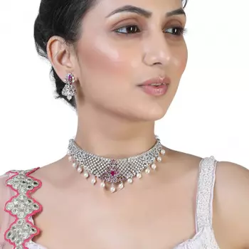 Estele Rhodium Plated CZ Traditional Bridal Choker Set with Pearls & Ruby Crystals for Women