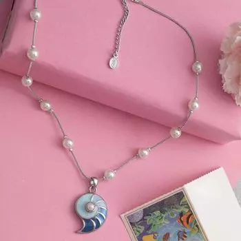 Estele Rhodium Plated Shell of Blue Chain Necklaces
