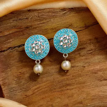Estele Rhodium Plated Sparkling Meenakari Pearl Drop Earrings with Kundan for Women