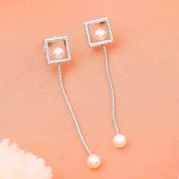 Estele Rhodium Plated Square Designer Tassel Earrings with White Pearl for Girls & Women
