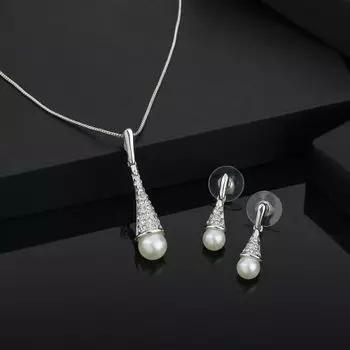 Estele Rhodium Plated with Pearl Drop and Austrian Crystal Necklace Set for Women