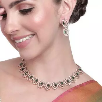 Estele Rose Gold Pated CZ Glossy Drop Designer Necklace Set with Emerald Stones for Women