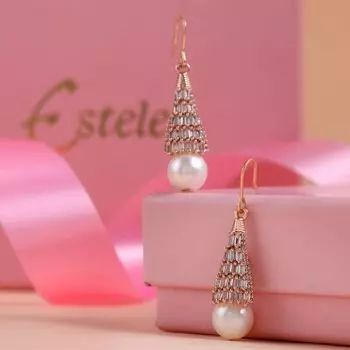 Estele Rose Gold Plated Crystal Faux Pearl Drop Earrings for Women
