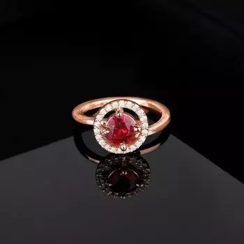 Estele Rose Gold Plated CZ Adjustable Circular Halo Solitaire Ruby Finger Ring for Women