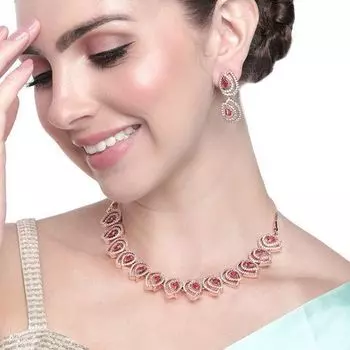 Estele Rose Gold Plated CZ Attractive Necklace Set with Tourmaline Pink for Women