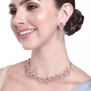 Estele Rose Gold Plated CZ Attractive Necklace Set with Mint Pink Stones for Women