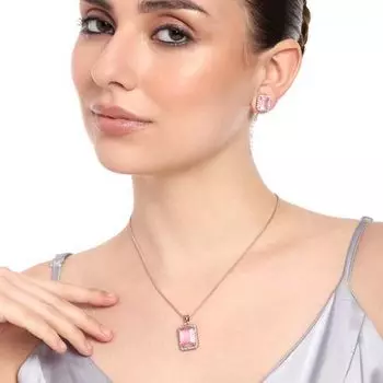 Estele Rose Gold Plated CZ Attractive Square Designer Pendant Set with Mint Pink Crystals for Women