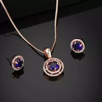 Estele Rose Gold Plated CZ Circular Pendant Set with Blue Stones for Women