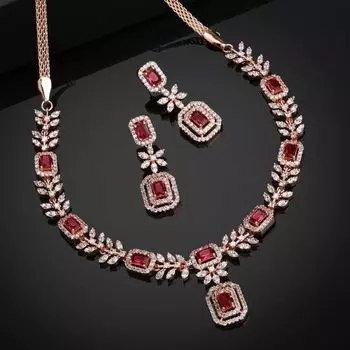 Estele Rose Gold Plated CZ Classic Designer Necklace Set with Tourmaline Pink Stones for Women