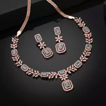 Estele Rose Gold Plated CZ Classic Designer Necklae Set with Mint Green Stones for Women