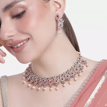 Estele Rose Gold Plated CZ Dazzling Designer Necklace Set with Pearls for Women