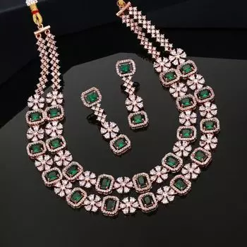Estele Rose Gold Plated CZ Dazzling Double Layered Designer Necklace Set with Green & White Crystals for Women