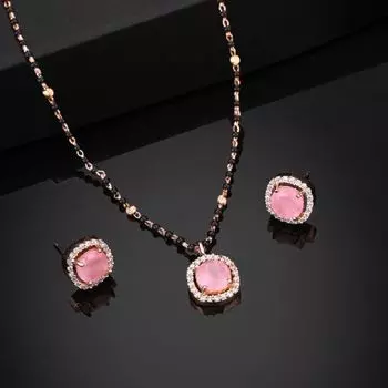 Estele Rose Gold Plated CZ Dazzling Square Designer Mangalsutra Necklace Set with Mint Pink Stones for Women