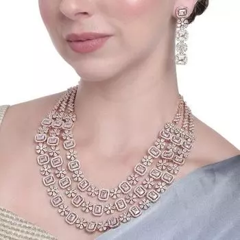 Estele Rose Gold Plated CZ Dazzling Three Layered Dulhan Necklace Set with White Stones for Women