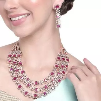 Estele Rose Gold Plated CZ Dazzling Three Layered Dulhan Necklace Set with Ruby Stones for Women
