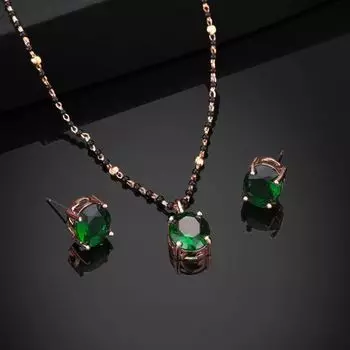 Estele Rose Gold Plated CZ Elegant Round Designer Mangalsutra Necklace Set with Emerald Stones for Women