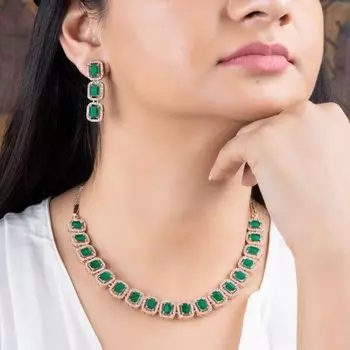 Estele Rose Gold Plated CZ Emrald stones Necklace Set for Women