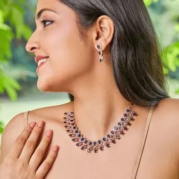 Estele Rose Gold Plated CZ Exquisite Necklace Set with Blue Crystals for Women