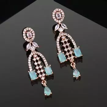 Estele Rose Gold Plated CZ Falling Star Designer Earrings with Mint Green Stones for Women
