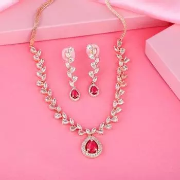 Estele Rose Gold Plated CZ Fascinating Necklace Set with Ruby Crystals for Women