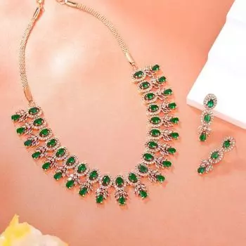 Estele Rose Gold Plated CZ Fascinating Necklace Set with Green Stones for Women