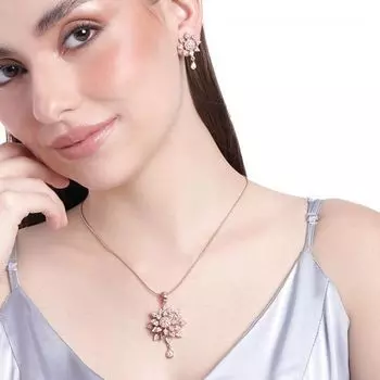 Estele Rose Gold Plated CZ Floral Designer Pendant Set for Women