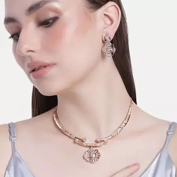 Estele Rose Gold Plated CZ Floral Designer Necklace Set for Women