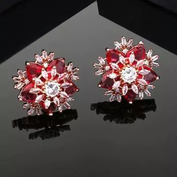 Estele Rose Gold Plated CZ Flower Designer Stud Earrings with Tourmaline Pink Stones for Women