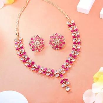 Estele Rose Gold Plated CZ Flower Designer Necklace Set with Ruby Stones for Women