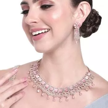 Estele Rose Gold Plated CZ Glimmering Dulhan Necklace Set with Mint Pink Stones for Women
