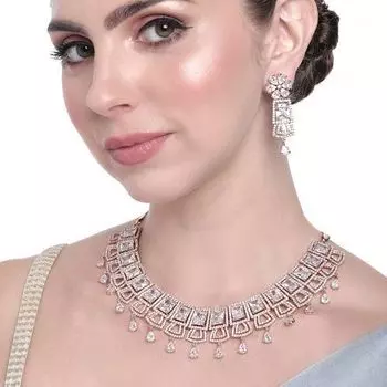 Estele Rose Gold Plated CZ Glimmering Dulhan Necklace Set with White Crystals for Women