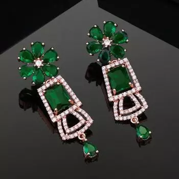 Estele Rose Gold Plated CZ Glimmering Earrings with Green Stones for Women