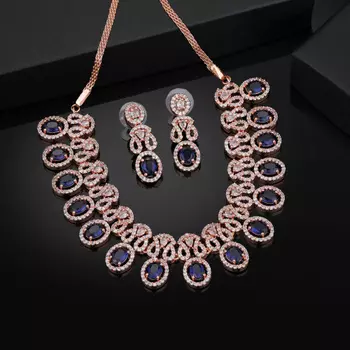 Estele Rose Gold Plated CZ Magnificent Necklace Set with Blue Crystals for Women