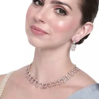 Estele Rose Gold Plated CZ Pleasant In Mint Pink Necklace Set for Women