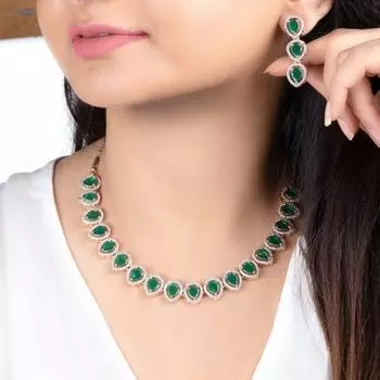 Estele Rose Gold Plated CZ Precious Pears Necklace Set with Green Crystals for Women