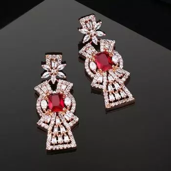 Estele Rose Gold Plated CZ Ravishing Earrings with Tourmaline Pink Stones for Women