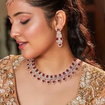 Estele Rose Gold Plated CZ Resplendent Designer Necklace Set with Ruby Crystals for Women