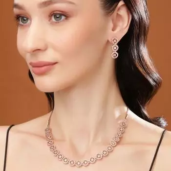 Estele Rose Gold Plated CZ Rotating Glitter Necklace Set for Women