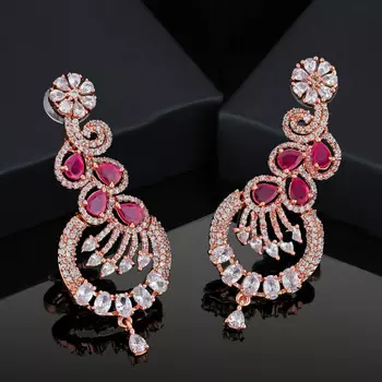 Estele Rose Gold Plated CZ Scintillating Earrings with Ruby Crystals for Women